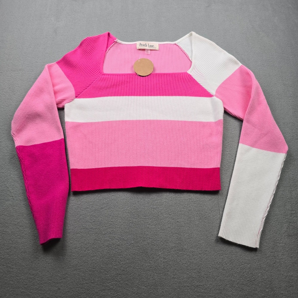 Peach Love California Pink‎ Colorblock Striped Ribbed Square Neck Crop Sweater L